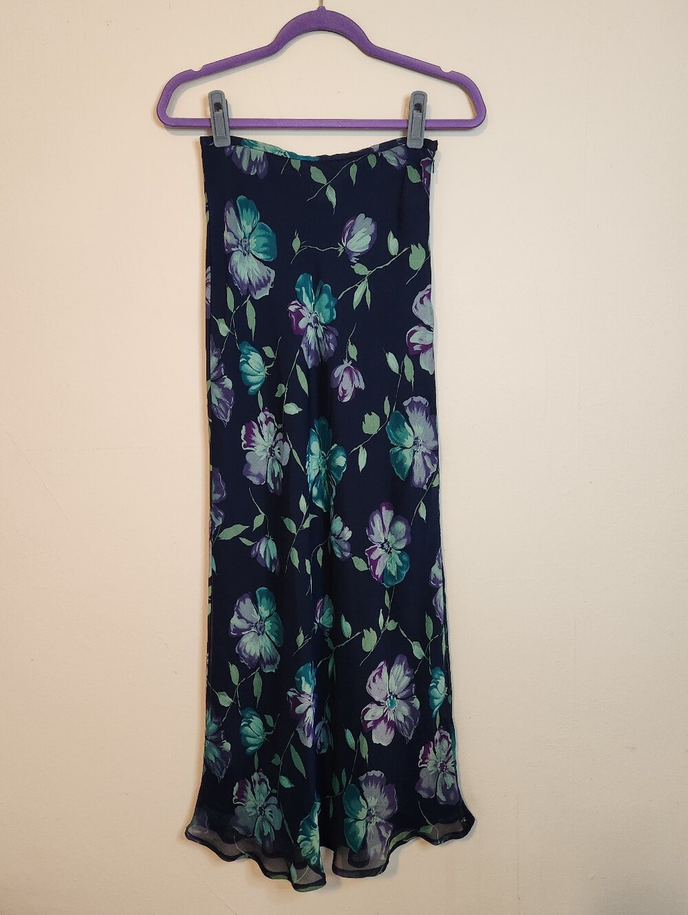 Vintage 90s Esprit Navy Maxi Skirt with Teal & Purple Floral Print